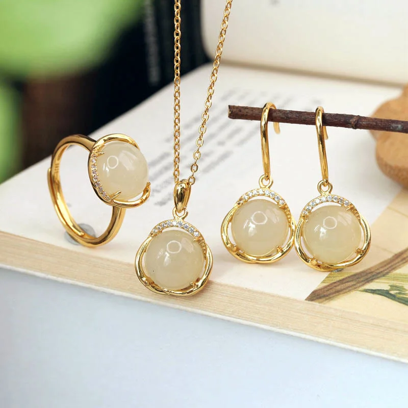 Women's Earrings – Elegant Designs for Every Personality--Buddha Stones 925 Sterling Silver Natural Hetian White Jade Cyan Jade Protection Necklace Pendant Ring Earrings Set