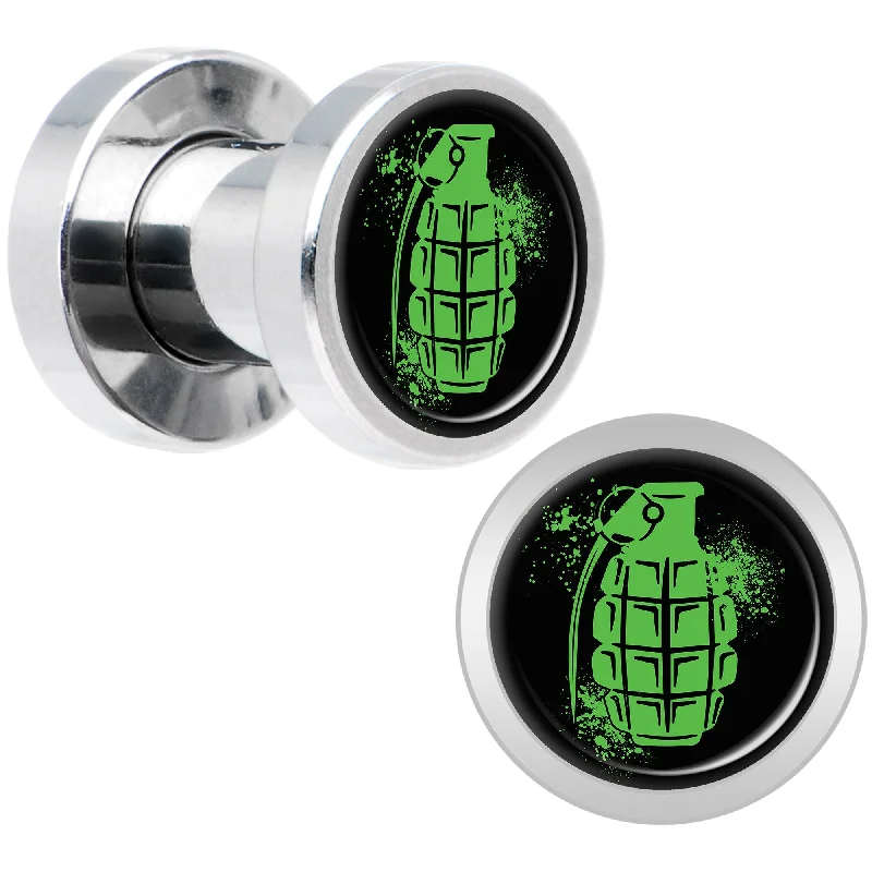 Women's Earrings – Elegant Designs for Every Personality--Green Grenade Steel Screw Fit Plug Set 4 Gauge Women's Earrings – Elegant Designs for Every Personality--Green Grenade Steel Screw Fit Plug Set 4 Gauge