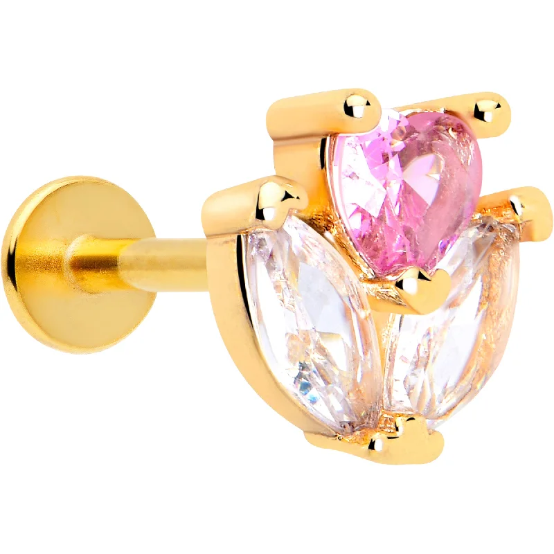 Fashionable Lip Rings for All Styles16 Gauge 5/16 Pink CZ Gem Gold Tone Love Flower Labret Monroe Tragus