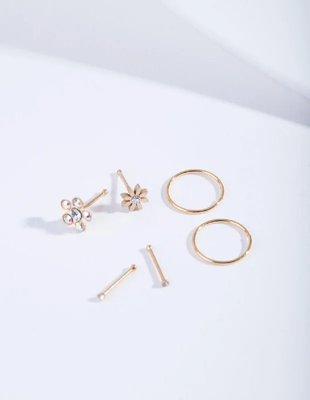 Nose Rings with Flower Motif -Gold Flower Nose Jewellery 6-Pack