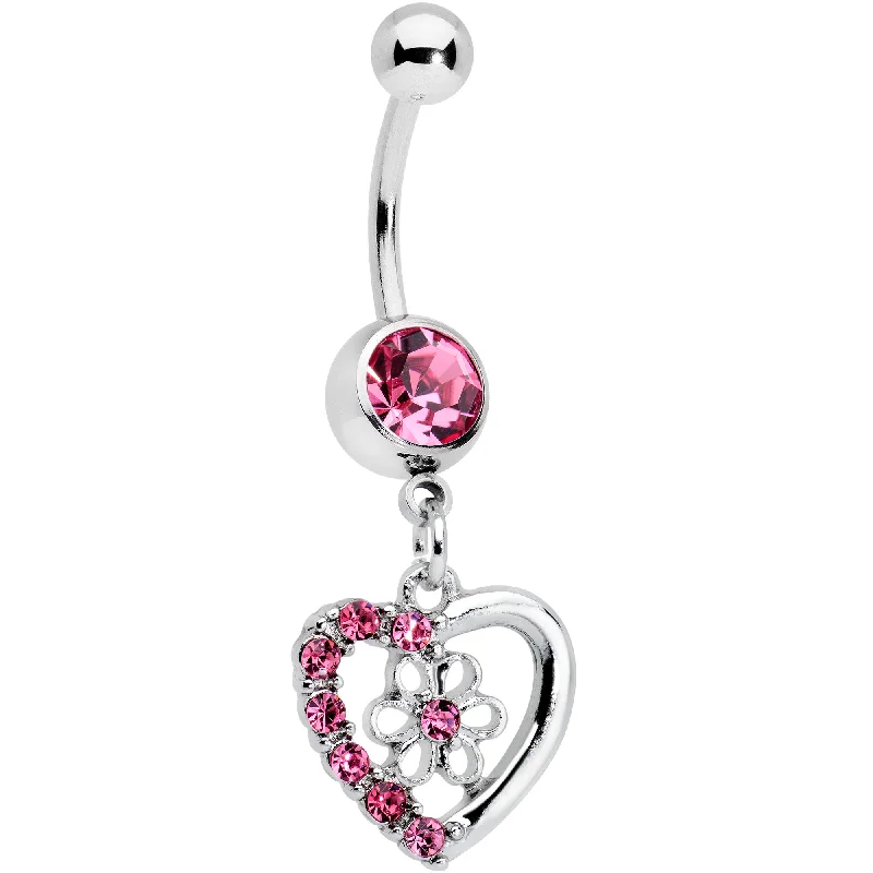 Comfortable Belly Rings for Everyday Use -Pink Gem Floral Hollow Heart Valentines Day Dangle Belly Ring Comfortable Belly Rings for Everyday Use -Pink Gem Floral Hollow Heart Valentines Day Dangle Belly Ring