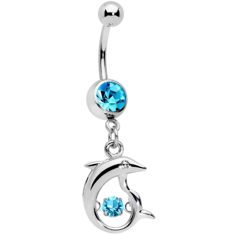 Comfortable Belly Rings with Beautiful Features -Aqua CZ Gem Abstract Dancing Dolphin Dangle Belly Ring Comfortable Belly Rings with Beautiful Features -Aqua CZ Gem Abstract Dancing Dolphin Dangle Belly Ring