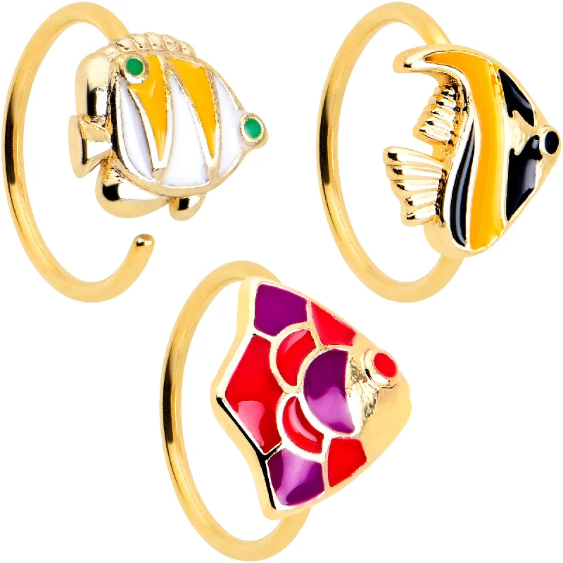 Nose Rings for Expressive Looks -20 Gauge 5/16 Gold Tone Tropical Fish Nose Hoop Set of 3 Nose Rings for Expressive Looks -20 Gauge 5/16 Gold Tone Tropical Fish Nose Hoop Set of 3