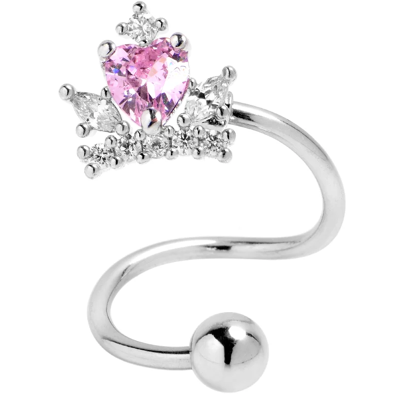 Women's Earrings – Elegant Designs for Every Personality--16 Gauge 3/8 Pink Clear Gem Crown Heart Spiral Twister Cartilage Ring
