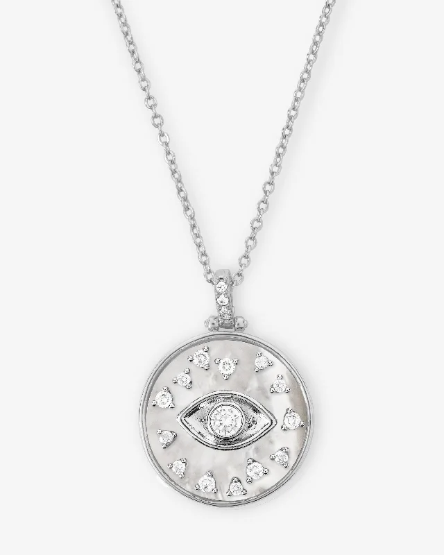 Shop Classic Women's  Necklaces & Pendants with a Modern Twist-Evil Eye Medallion Necklace - Silver|White Diamondettes