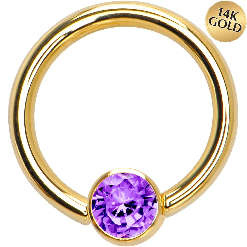 Comfortable Lip Rings for Sensitive Piercings14 Gauge 3/8 Solid 14KT Gold Purple CZ Gem BCR Captive Ring Comfortable Lip Rings for Sensitive Piercings14 Gauge 3/8 Solid 14KT Gold Purple CZ Gem BCR Captive Ring