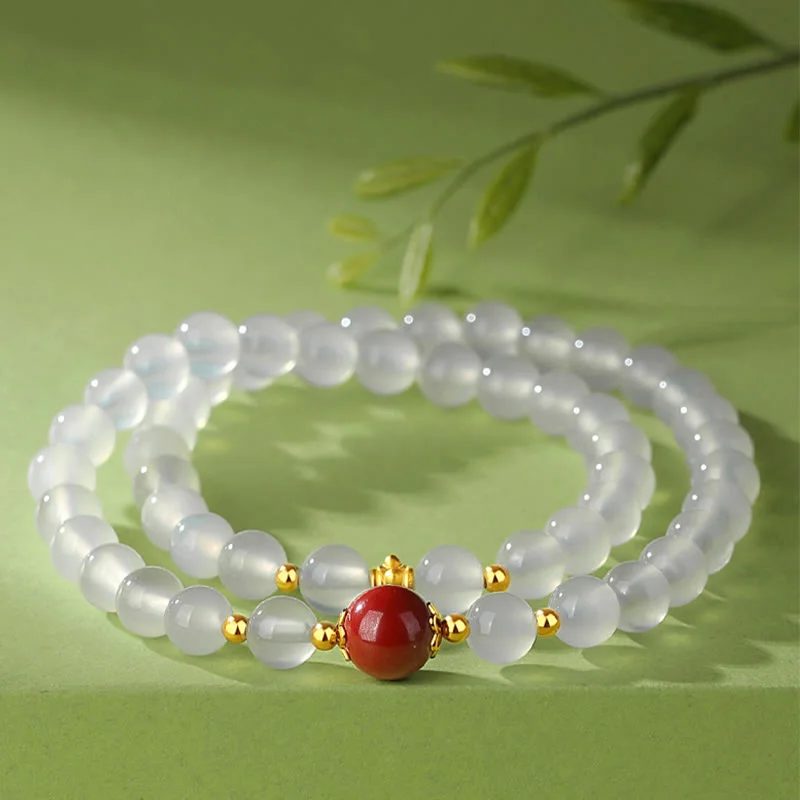 Women's Bangles with Luxury Detailing-Buddha Stones 925 Sterling Silver Natural White Agate Cinnabar Double Wrap Protection Bracelet Women's Bangles with Luxury Detailing-Buddha Stones 925 Sterling Silver Natural White Agate Cinnabar Double Wrap Protection Bracelet