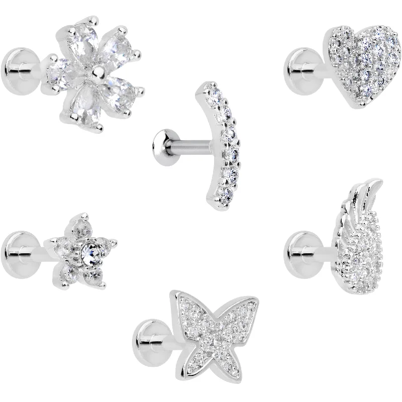 Sparkly Lip Rings with Glittering Stones16 Gauge 1/4 CZ Gem Internal Thread Labret Tragus Set of 6