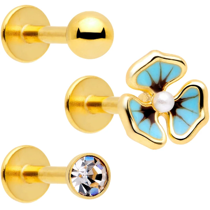 Designer Lip Rings for Exclusive Looks16 Gauge 5/16 Clear Gem Gold Tone Blue Pansy Labret Set of 3