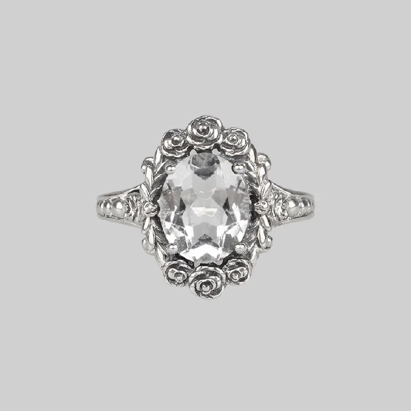 Chic Women's Rings for Fashion-Forward Looks-MARIA. Rose Wreath Clear Quartz Silver Cocktail Ring Chic Women's Rings for Fashion-Forward Looks-MARIA. Rose Wreath Clear Quartz Silver Cocktail Ring