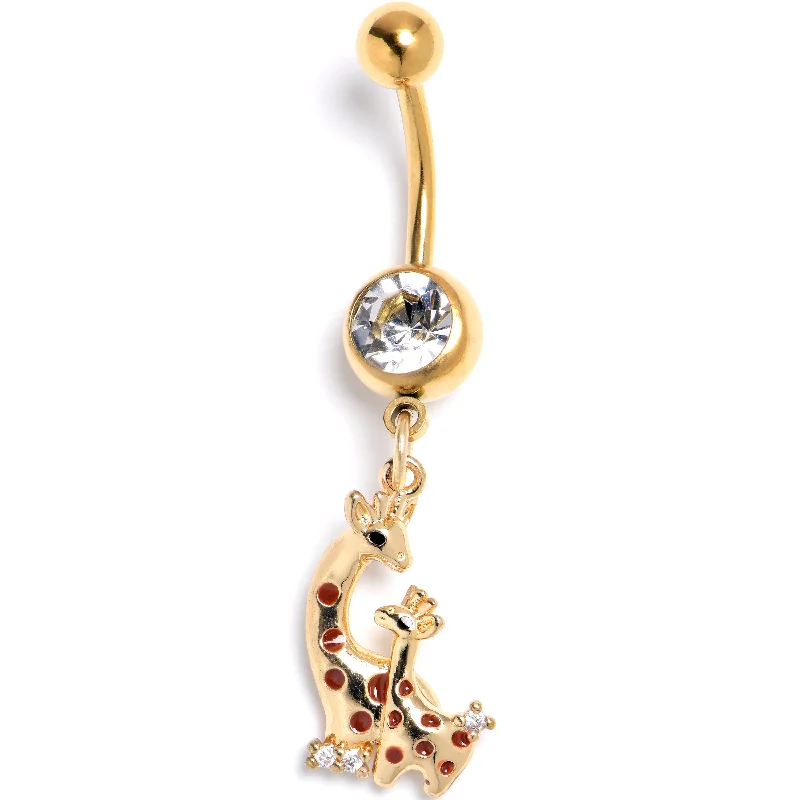 Belly Rings with Gemstone Detailing for Bold Style -Clear CZ Gem Gold Tone Mom Baby Giraffes Dangle Belly Ring Belly Rings with Gemstone Detailing for Bold Style -Clear CZ Gem Gold Tone Mom Baby Giraffes Dangle Belly Ring