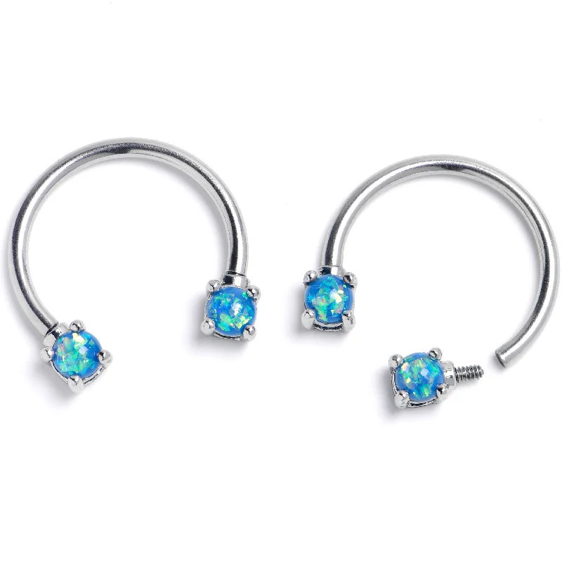 Women's Earrings – Elegant Designs for Every Personality--16 Gauge 3/8 Blue Faux Opal Internally Threaded Horseshoe Nipple Ring Set