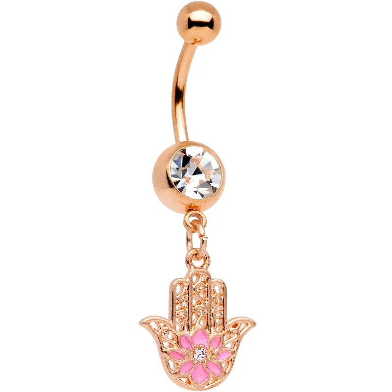 Stunning Belly Rings for Bold Fashion -Clear Gem Rose Gold Tone Hamsa Hand Pink Flower Dangle Belly Ring Stunning Belly Rings for Bold Fashion -Clear Gem Rose Gold Tone Hamsa Hand Pink Flower Dangle Belly Ring