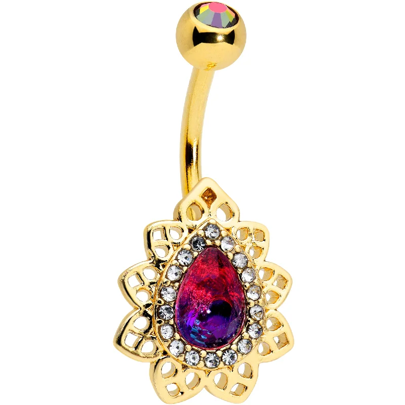 Comfortable Belly Rings with Simple Design -Purple Tourmaline Gold Tone Filigree Drop Belly Ring Comfortable Belly Rings with Simple Design -Purple Tourmaline Gold Tone Filigree Drop Belly Ring
