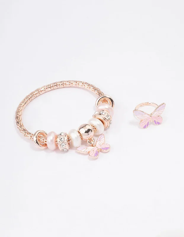 Vintage Bangles for Women-Kids Rose Gold Stretch Glitter Butterfly Bracelet & Ring Set