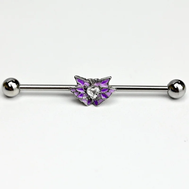 Women's Earrings – Elegant Designs for Every Personality--14 Gauge Clear Gem Heart Butterfly Purple Wings Industrial Barbell 38mm