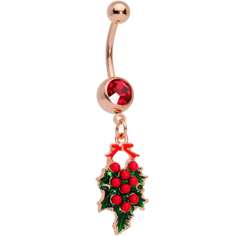 Belly Rings with Vibrant Stones for Stunning Effect -Red Gem Rose Gold Tone Holiday Holly Wreath Dangle Belly Ring Belly Rings with Vibrant Stones for Stunning Effect -Red Gem Rose Gold Tone Holiday Holly Wreath Dangle Belly Ring