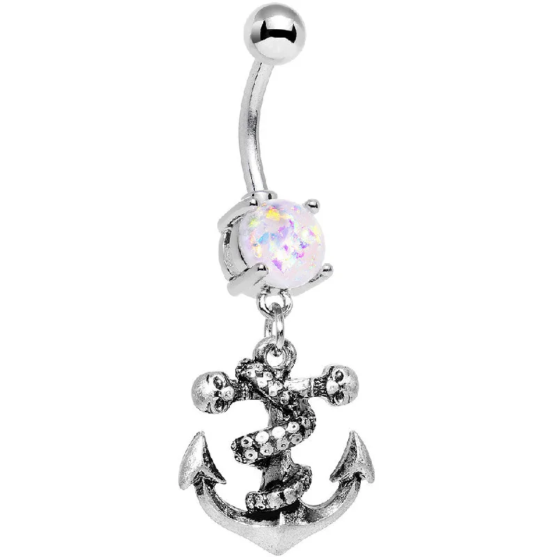 Trendy Belly Rings for Chic Fashion -White Faux Opal Pirate Skull Nautical Anchor Dangle Belly Ring Trendy Belly Rings for Chic Fashion -White Faux Opal Pirate Skull Nautical Anchor Dangle Belly Ring