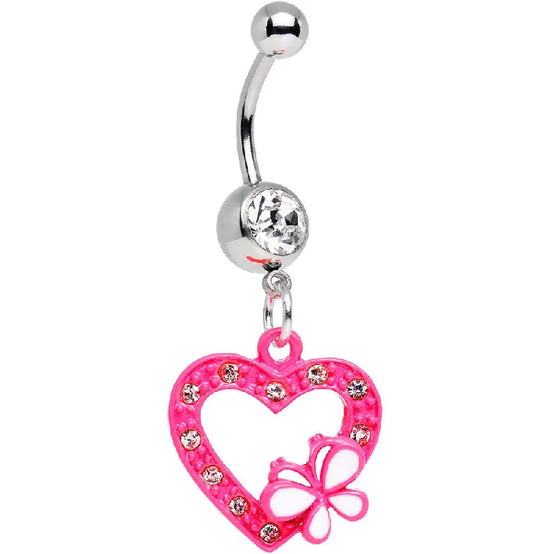 Designer Belly Rings for High-End Fashion -Clear Gem White Butterfly Loving Heart Dangle Belly Ring Designer Belly Rings for High-End Fashion -Clear Gem White Butterfly Loving Heart Dangle Belly Ring