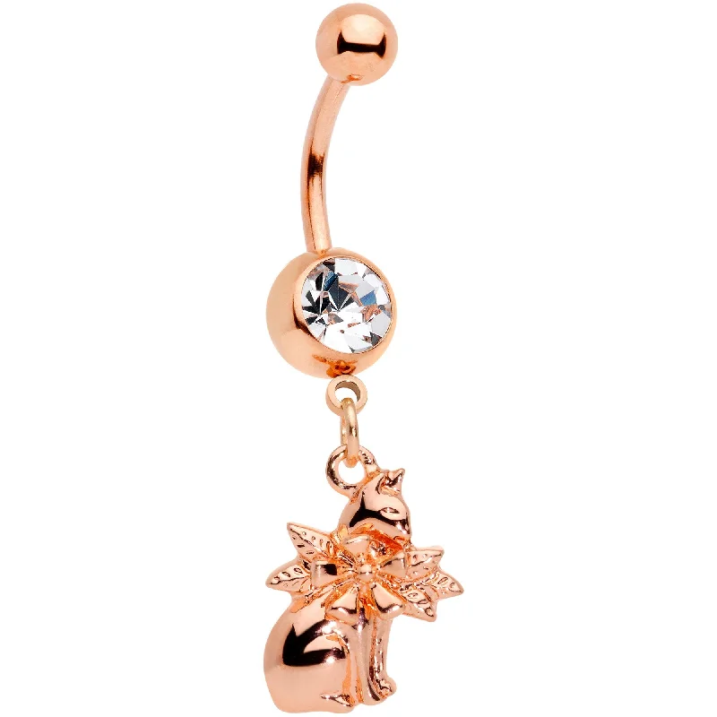 Elegant Belly Rings for Timeless Fashion -Clear Gem Rose Gold Tone Kitty Cat With A Corsage Dangle Belly Ring Elegant Belly Rings for Timeless Fashion -Clear Gem Rose Gold Tone Kitty Cat With A Corsage Dangle Belly Ring