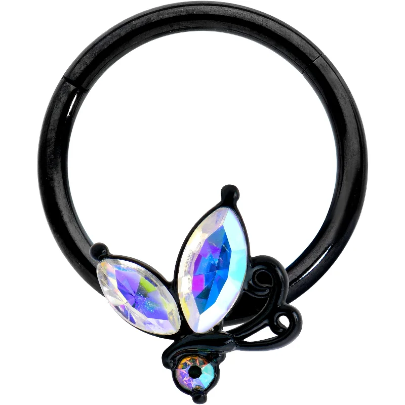 Nose Rings for a Fun Look -16 Gauge 3/8 Aurora CZ Gem Black Fleur de Lis Butterfly Hinged Segment Ring Nose Rings for a Fun Look -16 Gauge 3/8 Aurora CZ Gem Black Fleur de Lis Butterfly Hinged Segment Ring