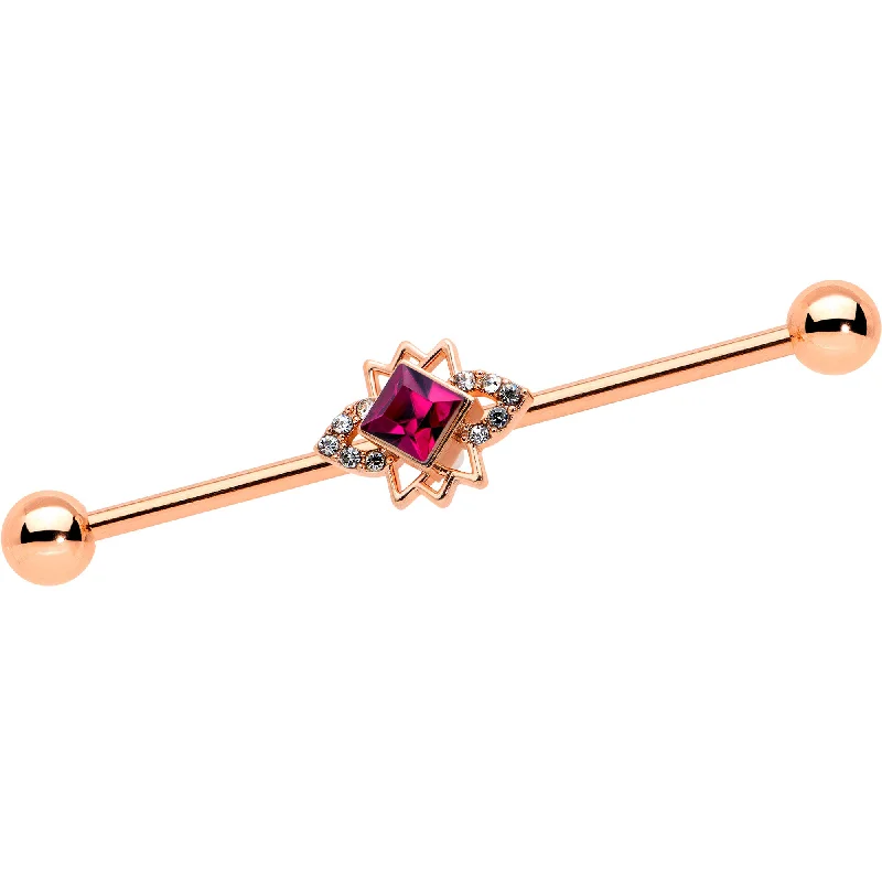 Women's Earrings – Elegant Designs for Every Personality--14 Gauge Red Gem Rose Gold Tone Octogram Star Industrial Barbell 38mm