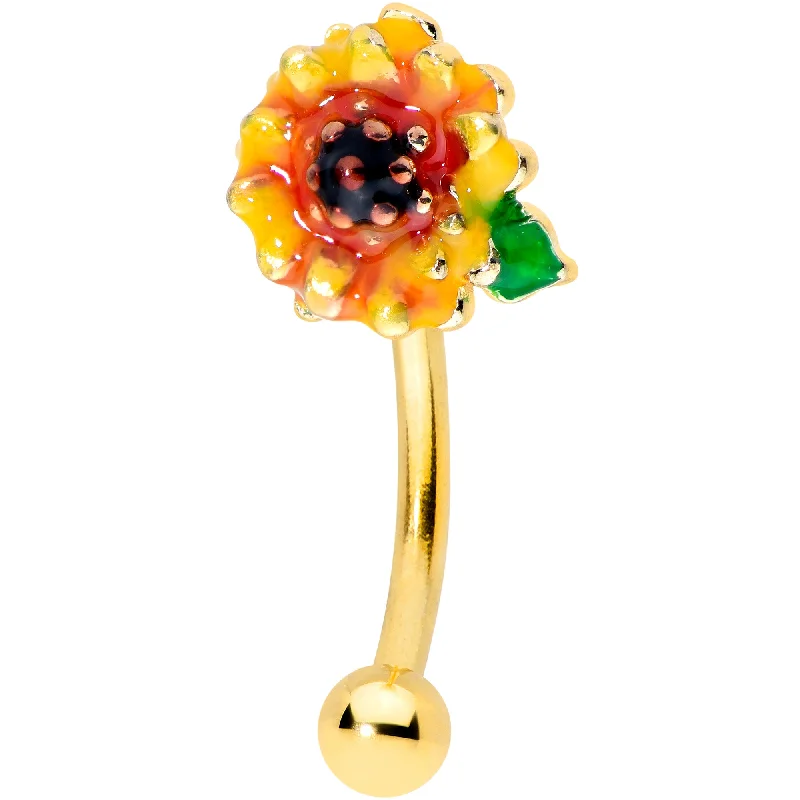 Women's Earrings – Elegant Designs for Every Personality--16 Gauge 5/16 Gold Tone Summer Sunflower Curved Eyebrow Ring