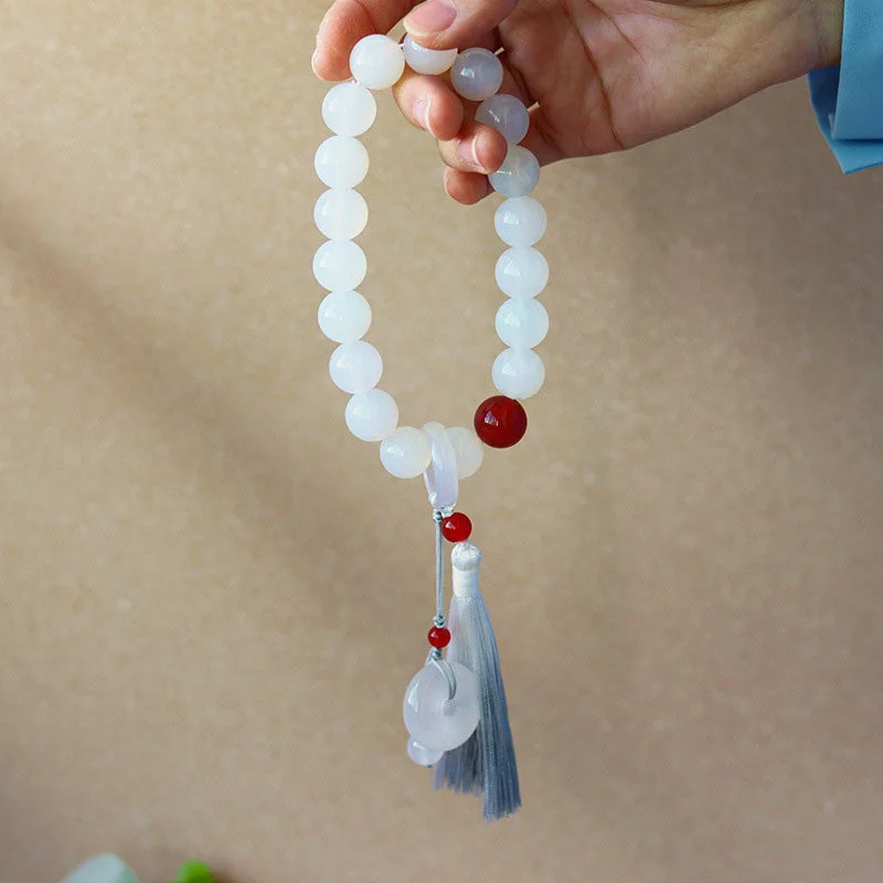 High-End Metal Bracelets for Men-Buddha Stones White Agate Red Agate Luck Wrist Mala Tassels Pocket Mala Car Decoration