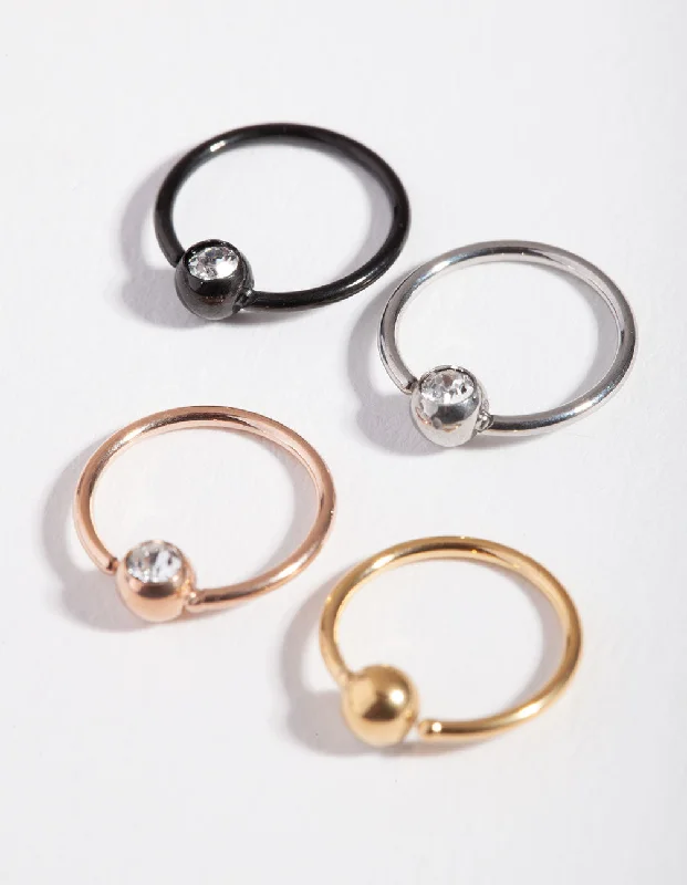 Simple Silver Nose Rings -Mixed Metals Diamante Nose Ring 4-Pack