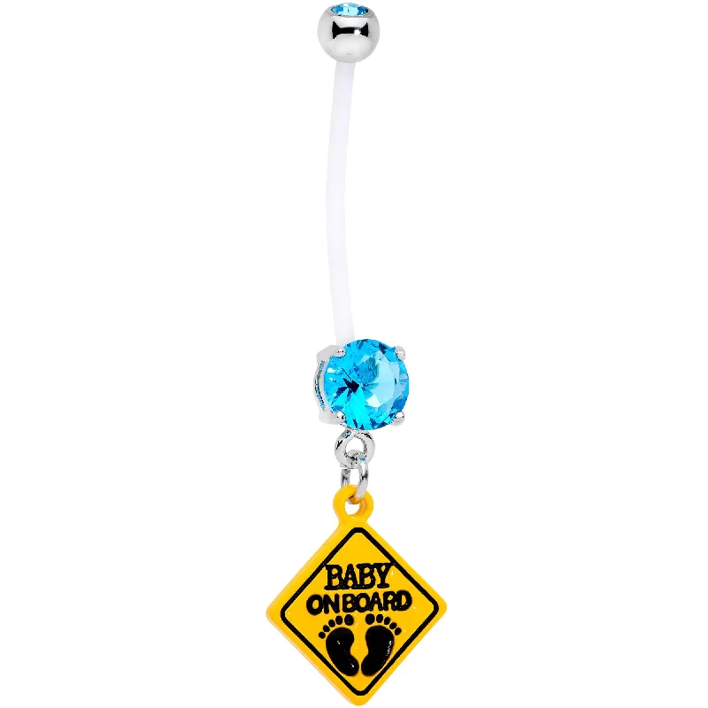 Belly Rings with Designer Accents for Bold Fashion -Aqua CZ Gem Baby on Board Sign Dangle Pregnancy Belly Ring Belly Rings with Designer Accents for Bold Fashion -Aqua CZ Gem Baby on Board Sign Dangle Pregnancy Belly Ring