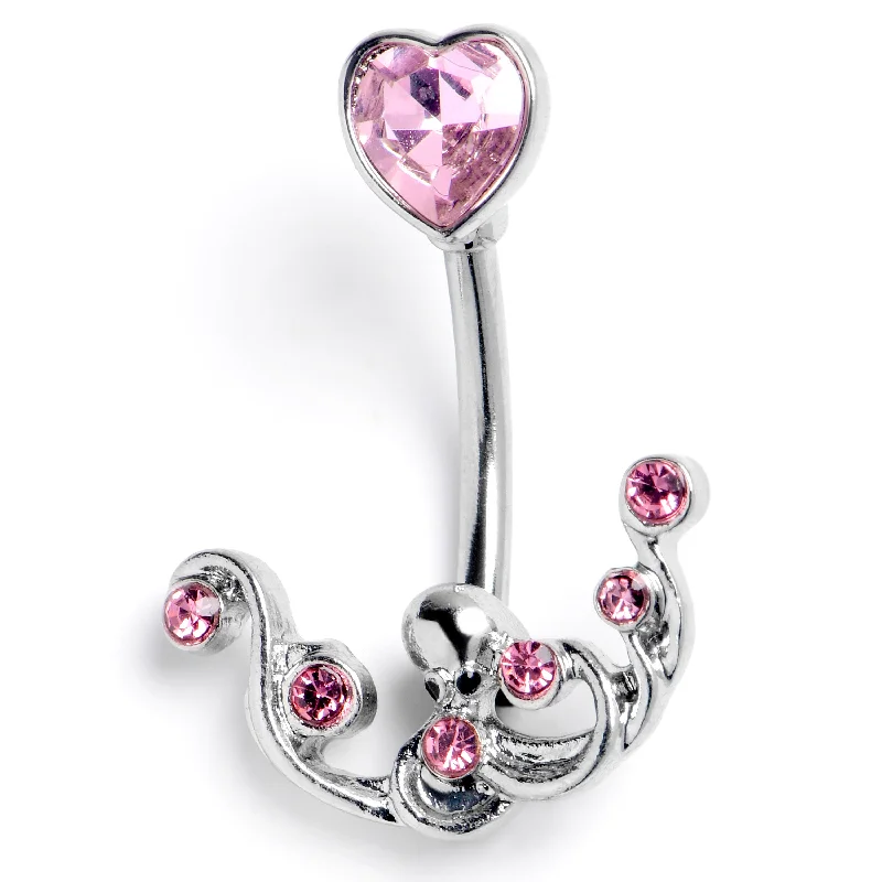 Stunning Belly Rings with Unique Accents -Pink Gem Heart Scrolling Elegance Double Mount Belly Ring Stunning Belly Rings with Unique Accents -Pink Gem Heart Scrolling Elegance Double Mount Belly Ring