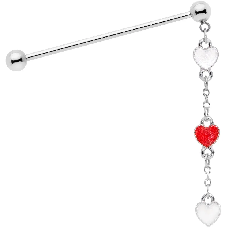 Women's Earrings – Elegant Designs for Every Personality--14 Gauge Red White Hearts Dangle Industrial Barbell 38mm