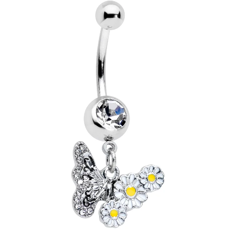 Belly Rings for Special Occasions -Clear Gem Butterfly Daisy Flowers Dangle Belly Ring Belly Rings for Special Occasions -Clear Gem Butterfly Daisy Flowers Dangle Belly Ring