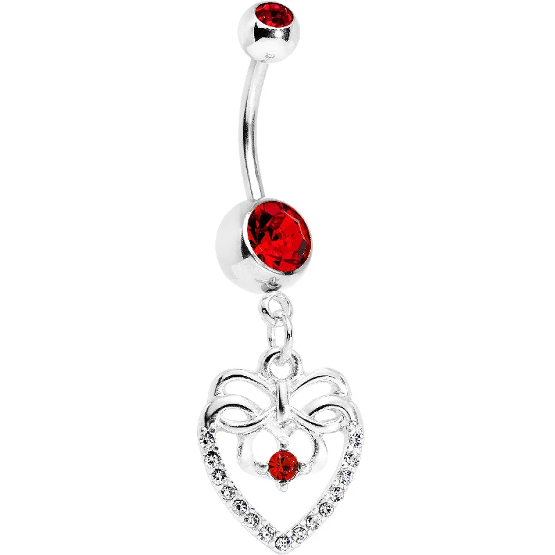 Trendy Belly Rings with Radiant Stones -Red CZ Gem Bow Heart Dangle Belly Ring