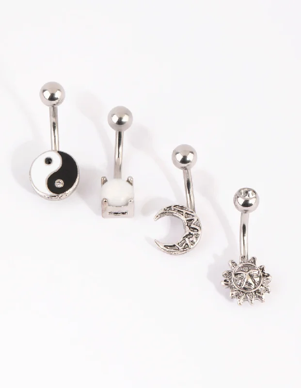 Cute Belly Rings for Summer Style -Surgical Steel Yin & Yang Belly Bar 4-Pack