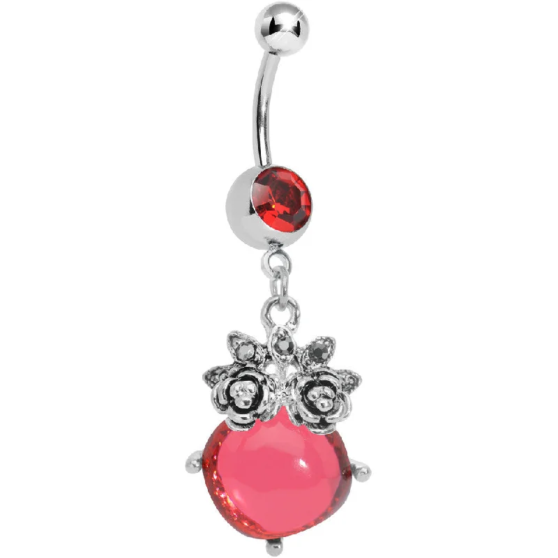Unique Belly Rings for Bold Fashion Statements -Red Gem Luminous Orb Victorian Roses Dangle Belly Ring Unique Belly Rings for Bold Fashion Statements -Red Gem Luminous Orb Victorian Roses Dangle Belly Ring