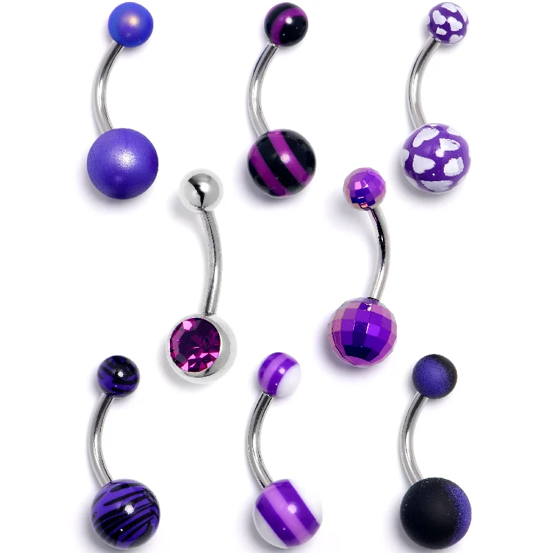 Belly Rings with Colorful Gemstones for Extra Shine -Purple Gem Hearts Pattern Belly Ring Set of 8 Belly Rings with Colorful Gemstones for Extra Shine -Purple Gem Hearts Pattern Belly Ring Set of 8