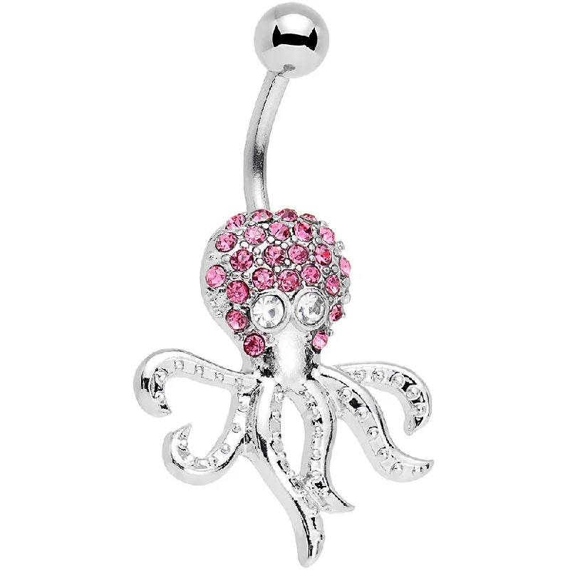 Trendy Belly Rings for Chic Women -Clear and Pink Gem Paved Steel I'm All Tentacles Octopus Belly Ring Trendy Belly Rings for Chic Women -Clear and Pink Gem Paved Steel I'm All Tentacles Octopus Belly Ring