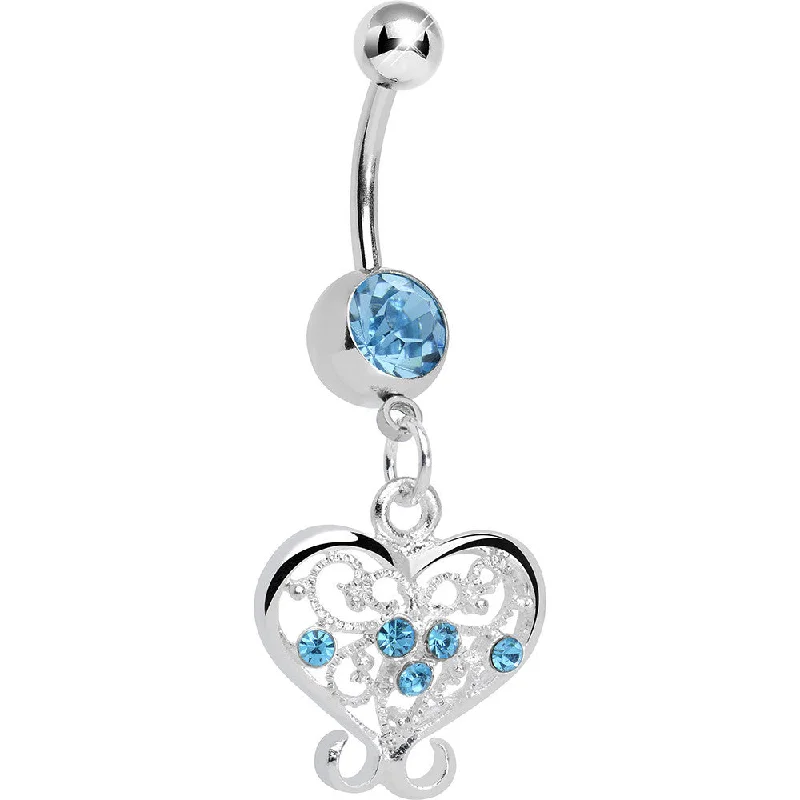 Belly Rings with Beautiful Accents -Aqua Gem Opulent Scrolled Heart Dangle Belly Ring Belly Rings with Beautiful Accents -Aqua Gem Opulent Scrolled Heart Dangle Belly Ring