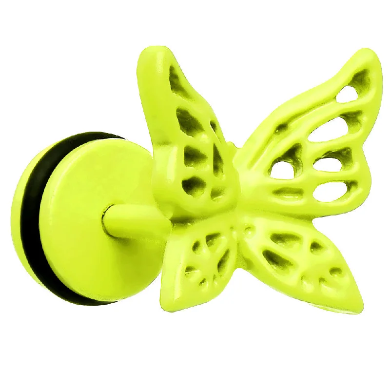 Women's Earrings – Elegant Designs for Every Personality--Light Green Neon Enamel Floating Butterfly Cheater Plug