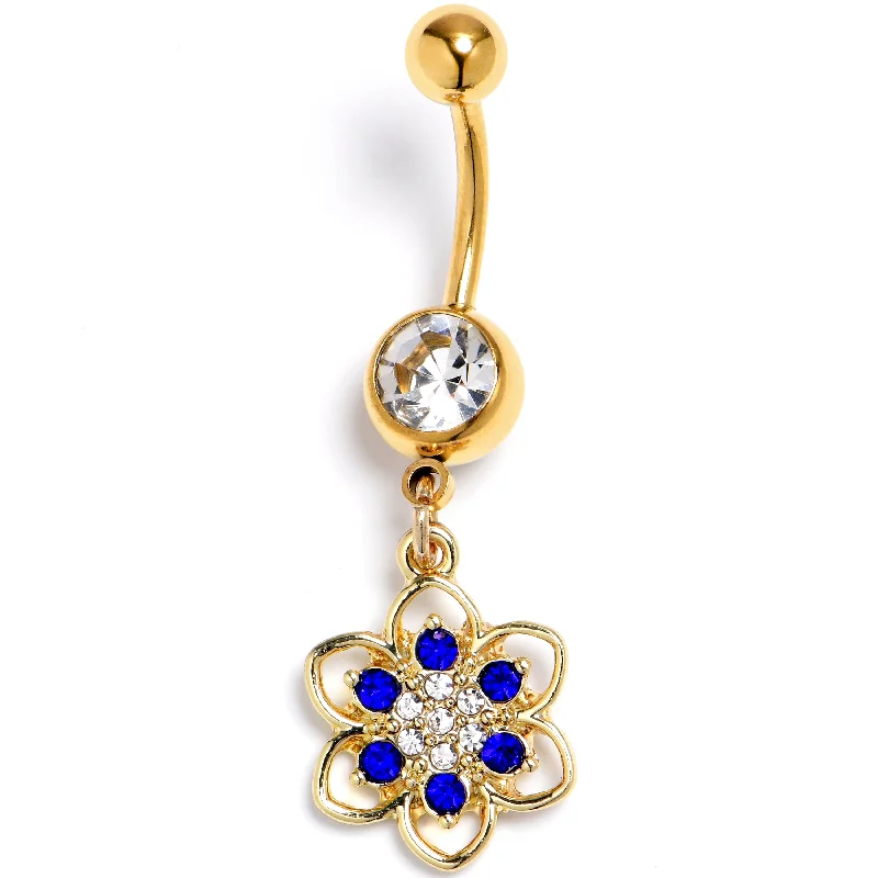 Stylish Belly Rings with Creative Detailing -Clear Blue Gem Gold Tone Radiant Bloom Dangle Belly Ring Stylish Belly Rings with Creative Detailing -Clear Blue Gem Gold Tone Radiant Bloom Dangle Belly Ring