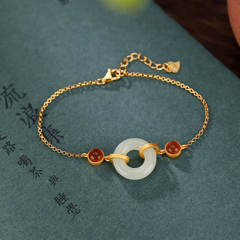 Adjustable Beaded Bangles for Women-Buddha Stones 925 Sterling Silver Plated Gold Natural Hetian Jade Peace Buckle Red Agate Luck Bracelet Adjustable Beaded Bangles for Women-Buddha Stones 925 Sterling Silver Plated Gold Natural Hetian Jade Peace Buckle Red Agate Luck Bracelet
