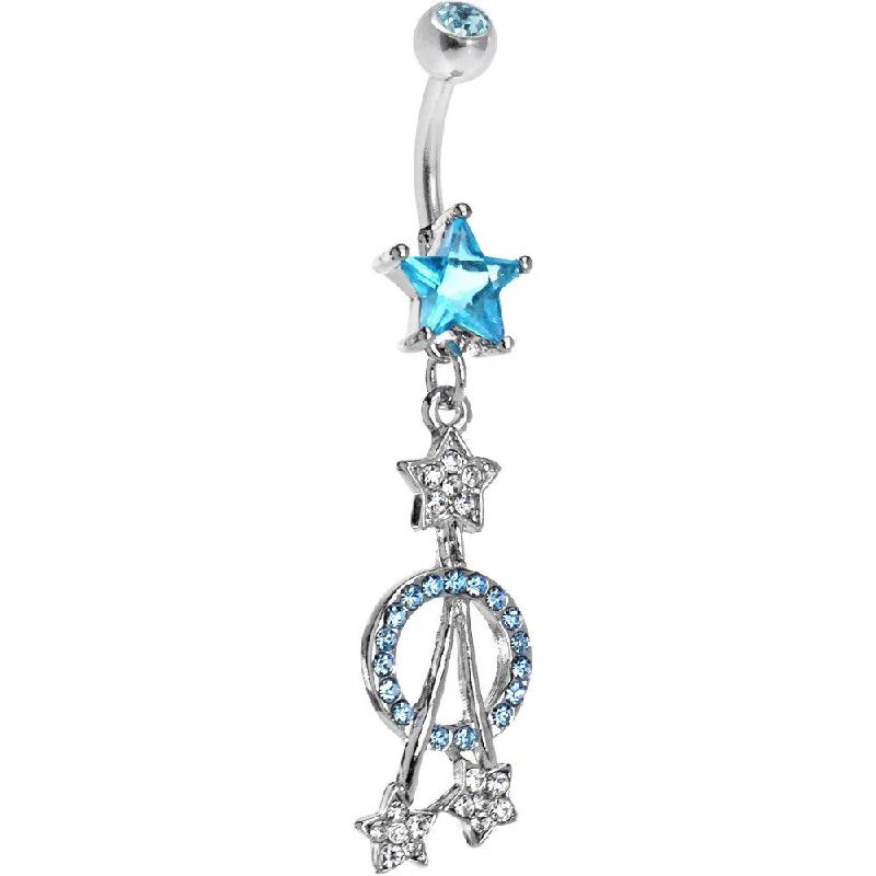 Comfortable Belly Rings with Custom Design -Aqua Gem Paved Stars Belly Ring