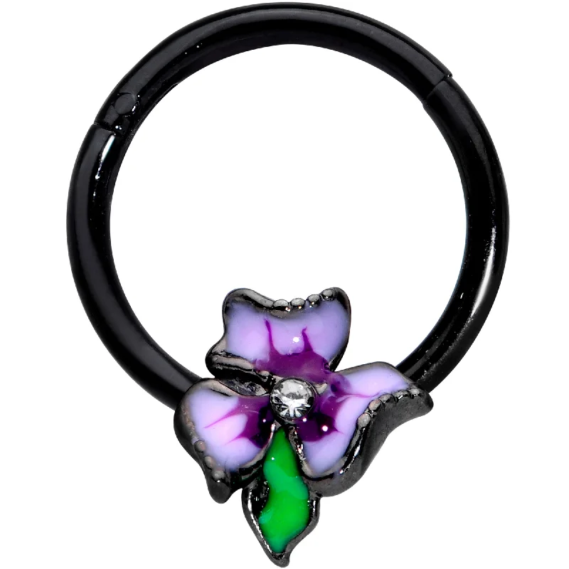 Personalized Nose Rings -16 Gauge 3/8 Clear CZ Gem Black Purple Iris Flower Hinged Segment Ring Personalized Nose Rings -16 Gauge 3/8 Clear CZ Gem Black Purple Iris Flower Hinged Segment Ring