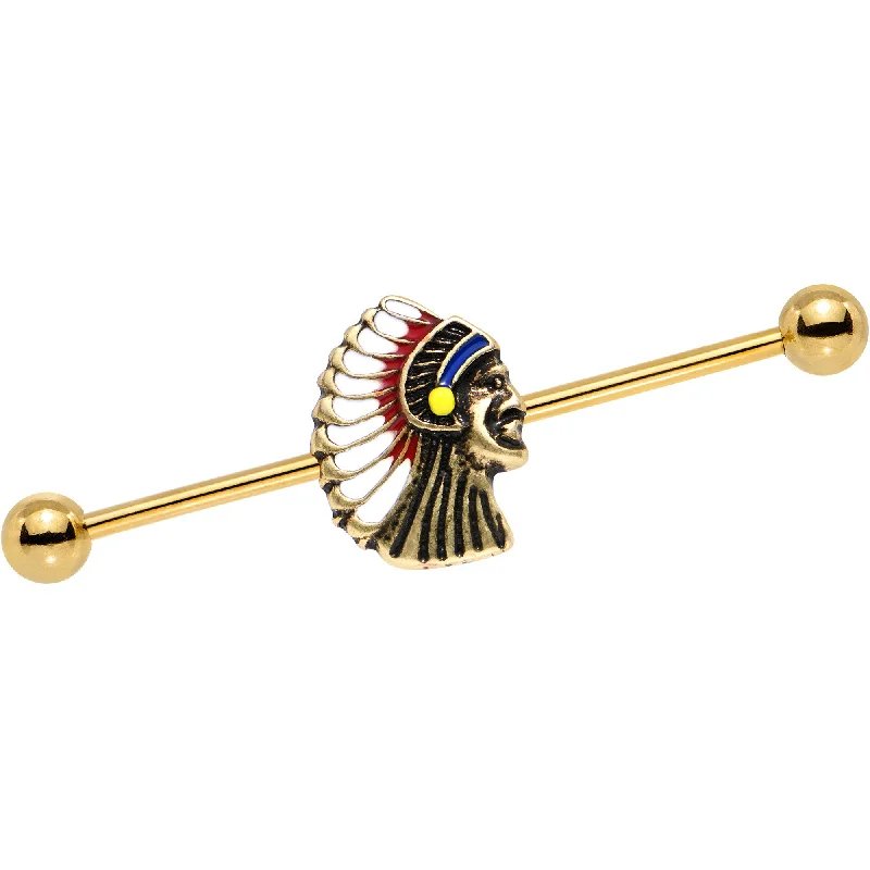 Women's Earrings – Elegant Designs for Every Personality--14 Gauge Gold PVD Warrior Chief Industrial Barbell 38mm Women's Earrings – Elegant Designs for Every Personality--14 Gauge Gold PVD Warrior Chief Industrial Barbell 38mm