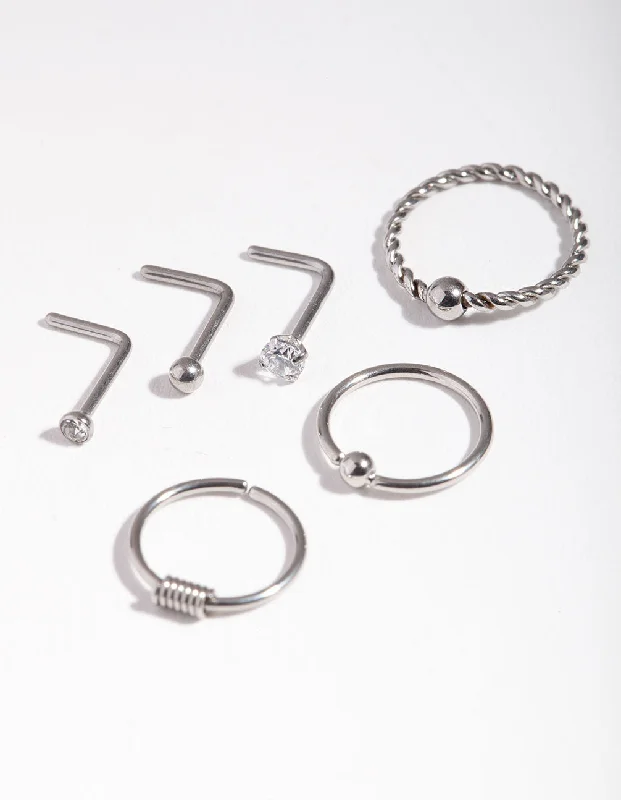 Adjustable Hoop Nose Rings -Surgical Steel Diamante Twist Nose Stud 6-Pack