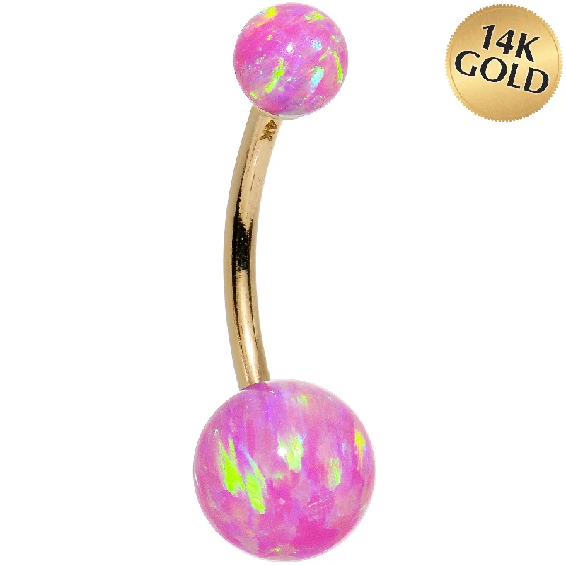 Belly Rings with Beautiful Crystal Details -14kt Yellow Gold Fuchsia Synthetic Opal Belly Ring Belly Rings with Beautiful Crystal Details -14kt Yellow Gold Fuchsia Synthetic Opal Belly Ring