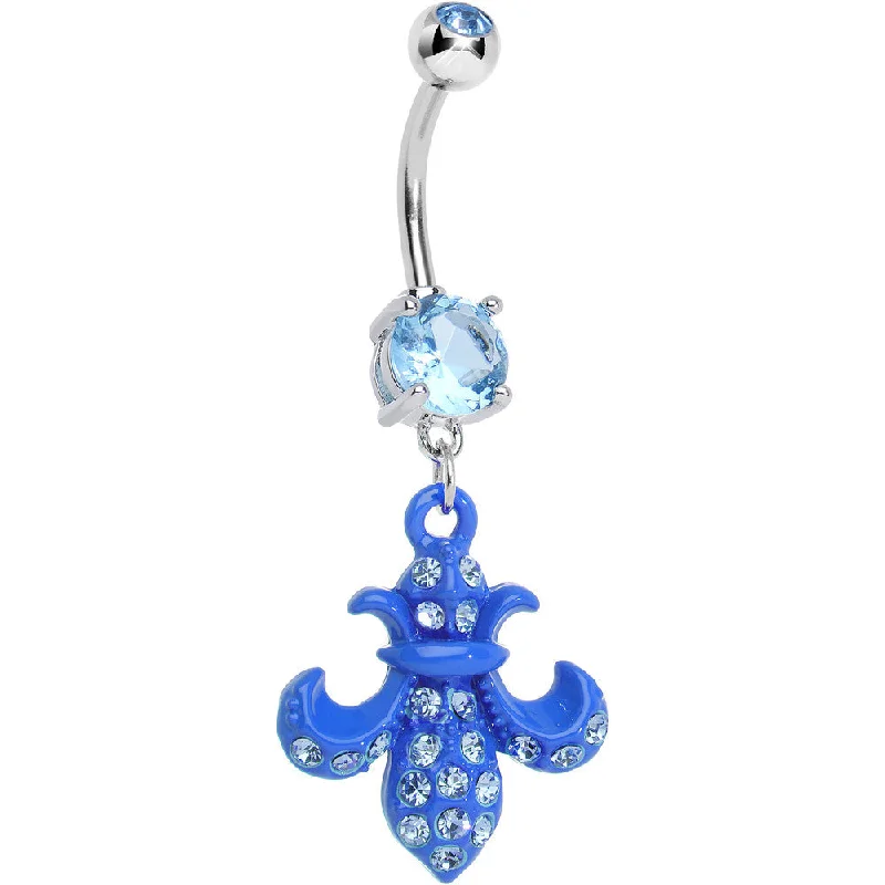 Belly Rings for Trendy Piercings -Aqua Gem Bright Blue Flipped Fleur de Lis Dangle Belly Ring Belly Rings for Trendy Piercings -Aqua Gem Bright Blue Flipped Fleur de Lis Dangle Belly Ring