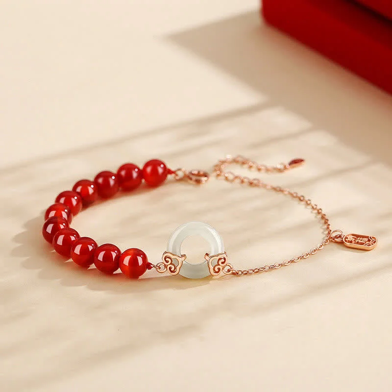 Artistic Silver Bangles for Women-Buddha Stones 925 Sterling Silver Natural Red Agate White Jade Peace Buckle Confidence Bracelet Artistic Silver Bangles for Women-Buddha Stones 925 Sterling Silver Natural Red Agate White Jade Peace Buckle Confidence Bracelet