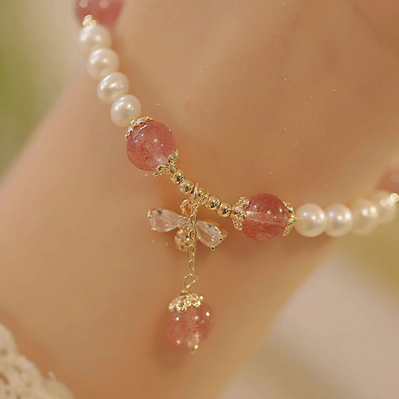 Women's Crystal Bangles-Buddha Stones Natural Pearl Strawberry Quartz Healing Cute Honey Bee Charm Bracelet Women's Crystal Bangles-Buddha Stones Natural Pearl Strawberry Quartz Healing Cute Honey Bee Charm Bracelet